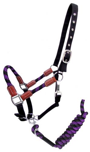 Showman Nylon halter and matching lead rope with leather accents #3